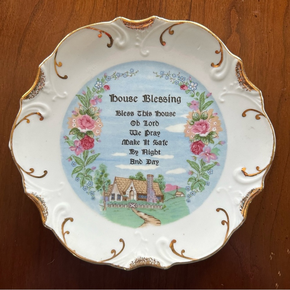 Vintage Porcelain “House Blessing” Decorative 18k Gold-Trim Wall Plate JAPAN